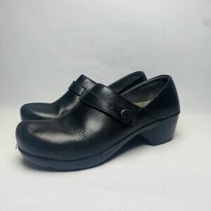 Dansko Solstice Clogs Womens Sz 40 EU/9 US Black Leather Button Strap Block Heel